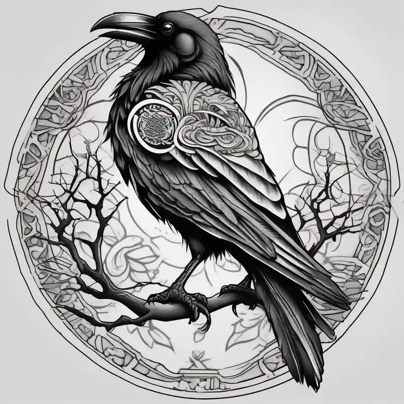 left arm tattoo of a raven on a branch surrounded by mandala glitter tattoo – Japonais, Noir et blanc